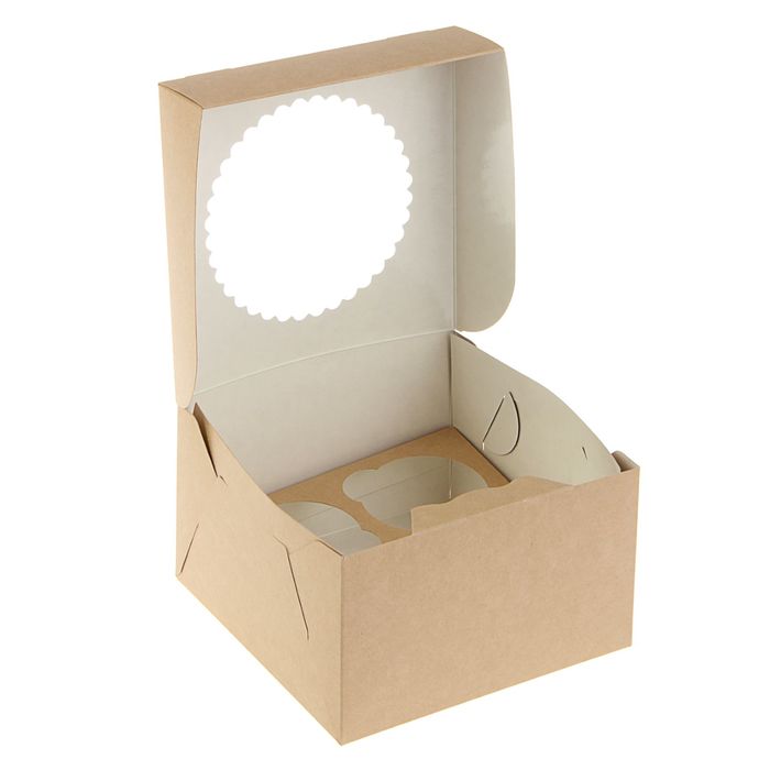 Коробка для 4 капкейков 16х16х10 с окном белая/крафт