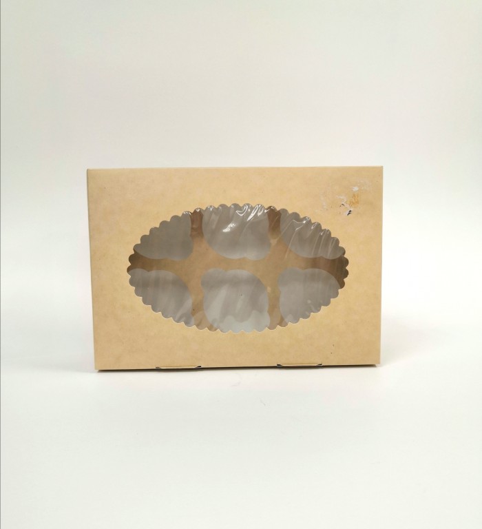 Коробка для 6 капкейков 17x25x10 см с окном, со вставкой, двусторонняя белая/крафт