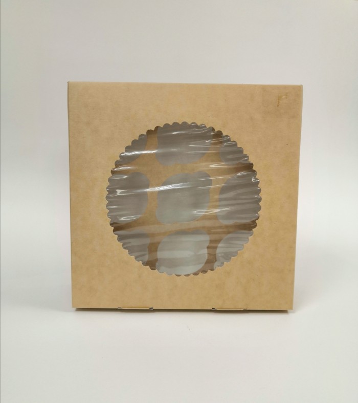Коробка для 9 капкейков 25x25x10 см с окном, со вставкой, двусторонняя белая/крафт