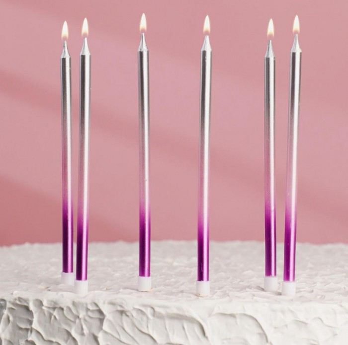 Свечи в торт фиолетовый, розовый, серебро (высокие 14 см)